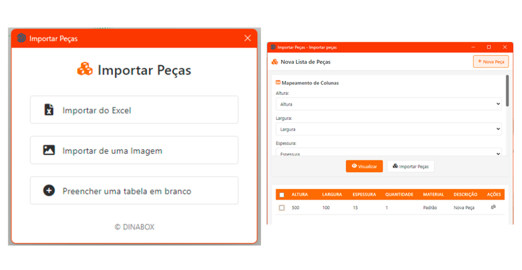 Nova funcionalidade de Importação de Peças no DinaBox com opções de Excel, IA e manual