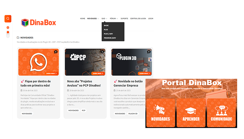 Novo Portal DinaBox centralizando novidades, EAD, suporte e fórum
